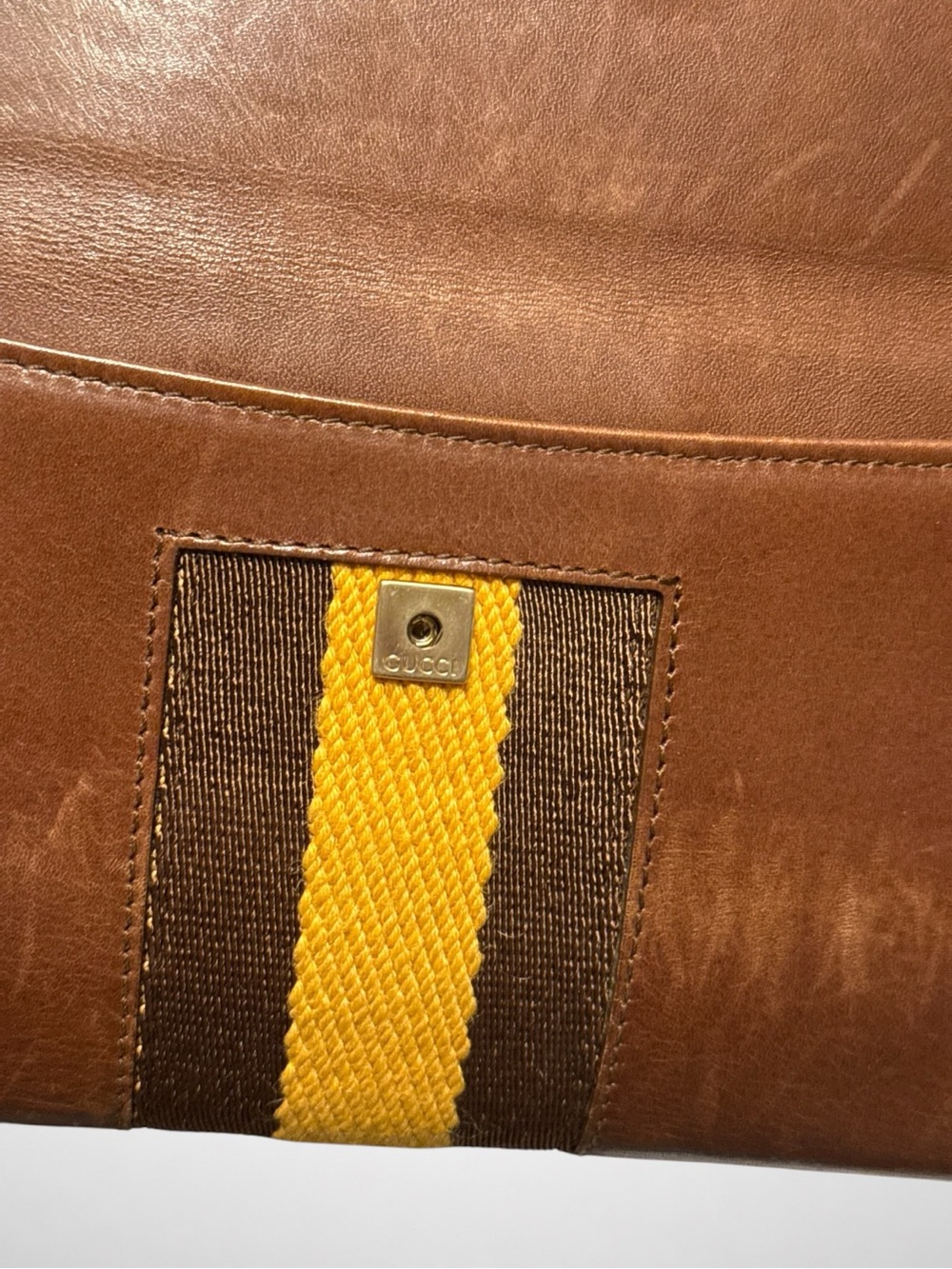 Gucci Vintage Authentic Brown Leather Web Stripe Wallet Chain Crossbody Clutch - Picture 14 of 16